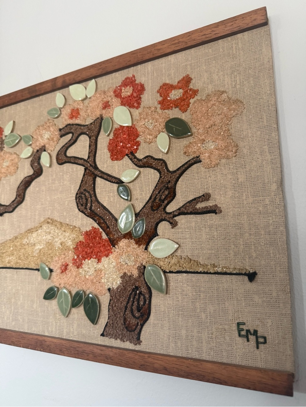 Vintage Beaded Japanese Pagoda Embroidered Asian Wall Art Wood & Gold Textured